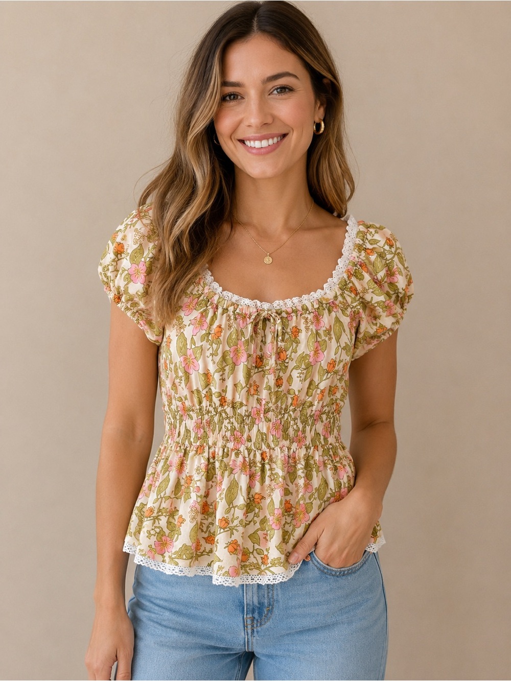 Cato Floral Smocked Babydoll Top